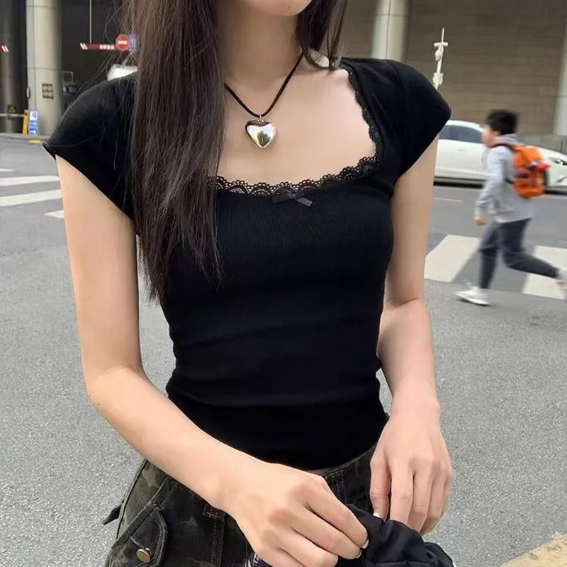 Y2k Lace Patchwork Crop T-shirt Women Vintage Streetwear Sexy Slim U Neck Tops Female Harajuku Korean Bow Chic Bottoming Tees 250320