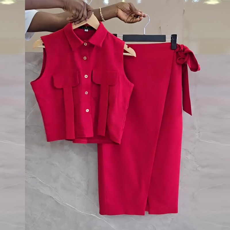 Women's Clothing 2025 New Sweet And Fresh Collared Sleeveless Shirt High Waist Slimming One Step Half Skirt Two-Piece Set