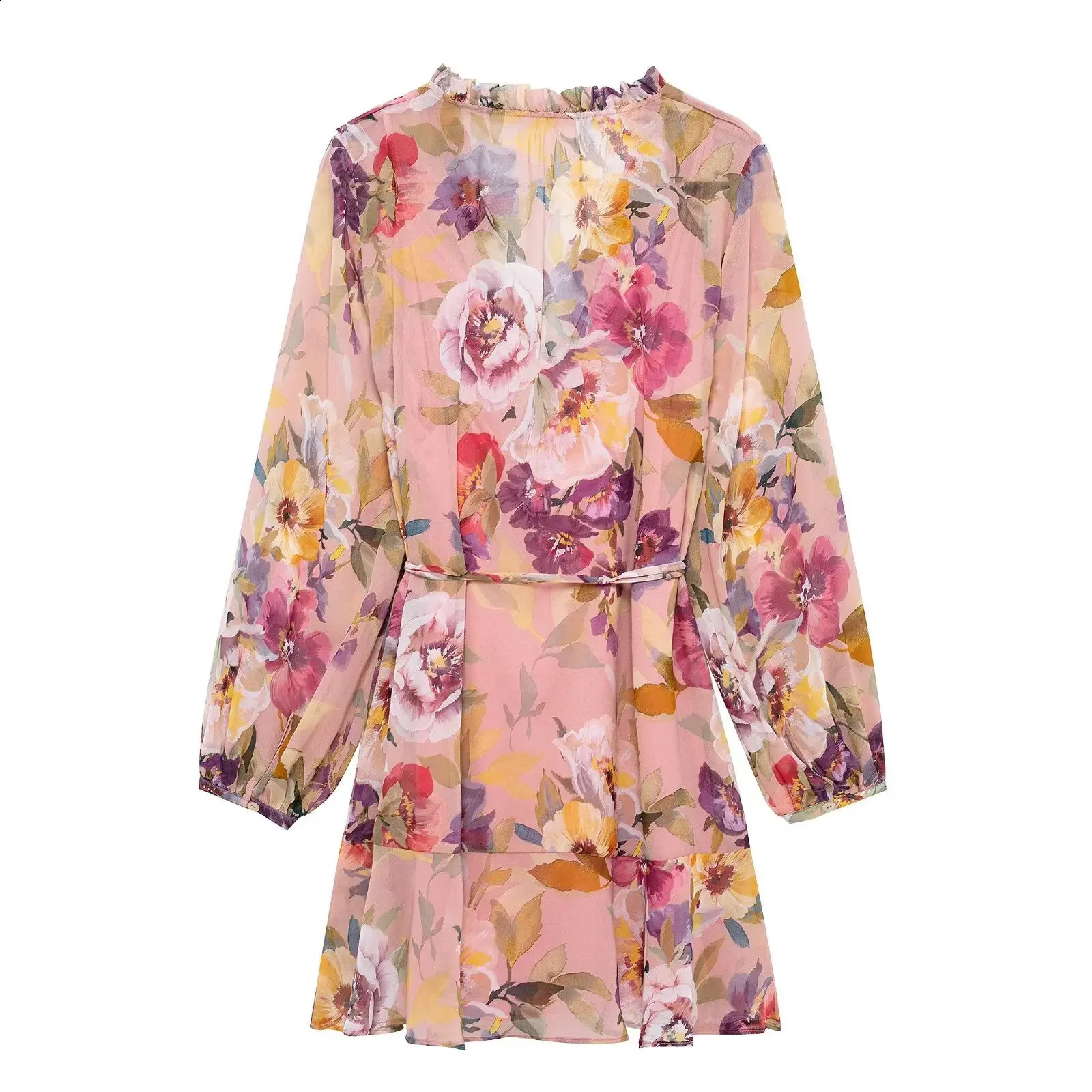 French printed laminated decorative womens clothing 2025 girl vacation Vneck fluffy sleeves waist pleated short skirt 250319