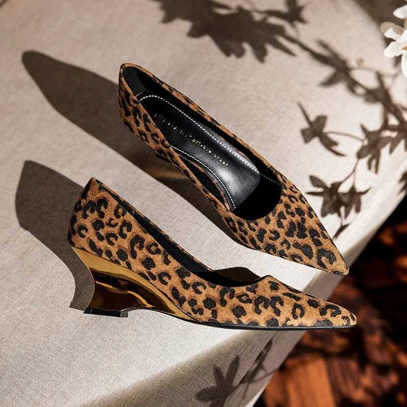 New leopard print high h for wen pointed toe wedge h sheepskin sexy shallow mouth single shoes Mary Jane shoes Y250319