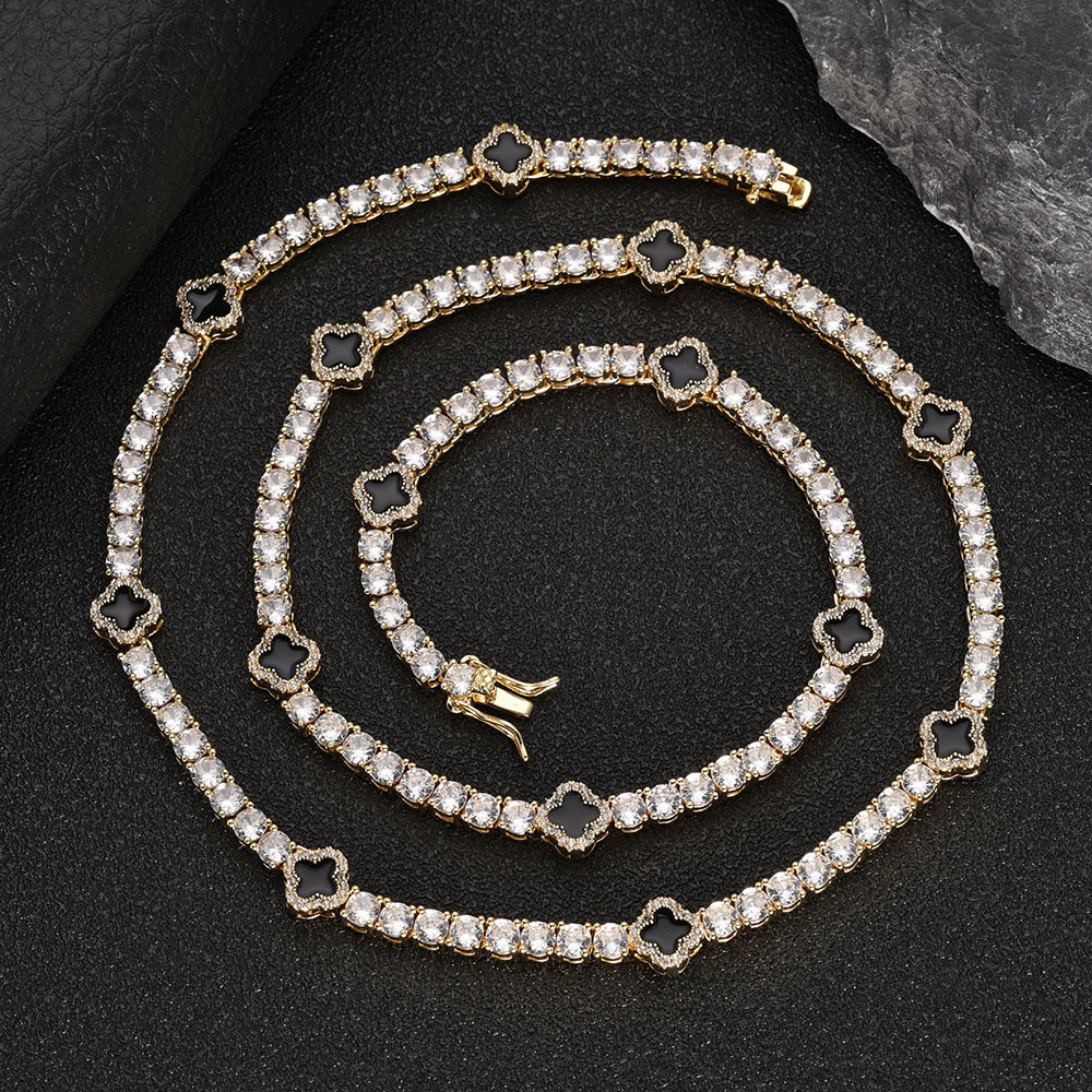 Hip Hop Ice Flower Tennis Clavicle Necklace New Cube Zirconia Brass Black Drip Oil Tennis Chain Jewelry Women Men