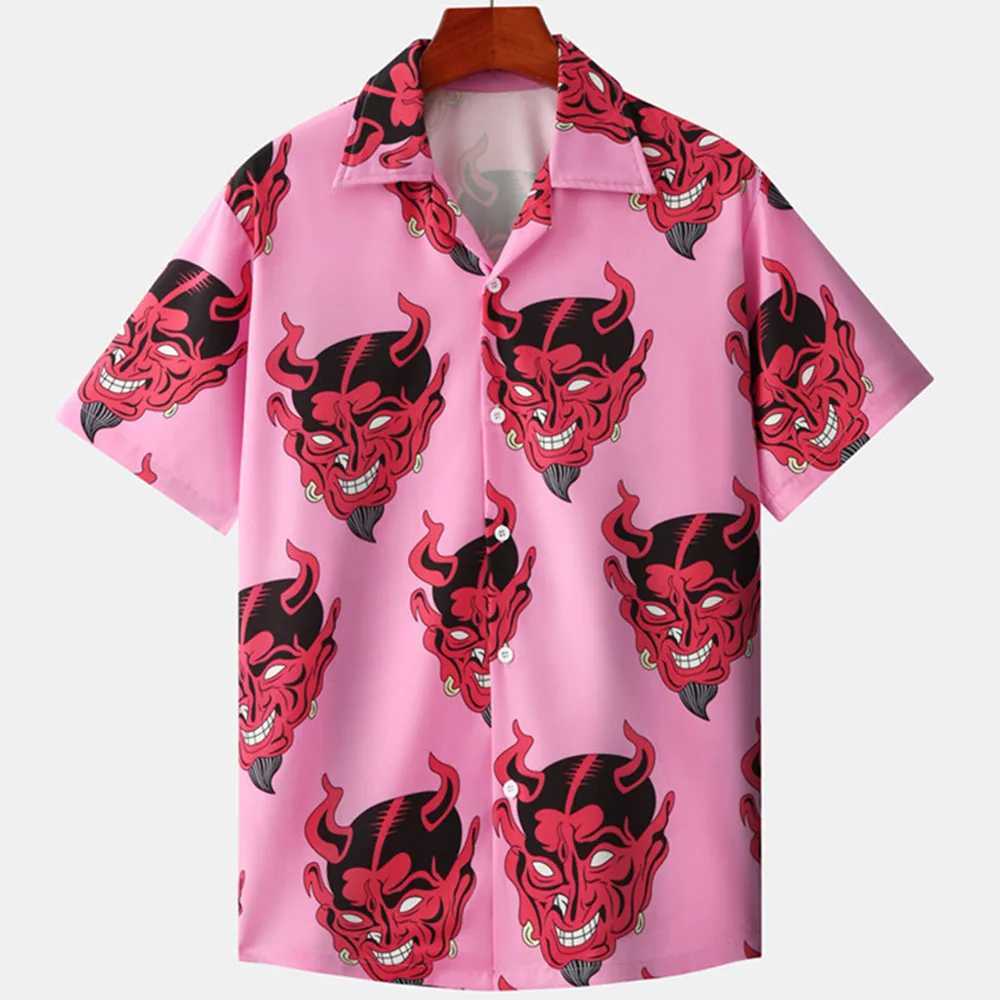 Hawaiian mens Cuban collar devil print mens street clothing summer new short sleeved top mens trendy clothing M250320