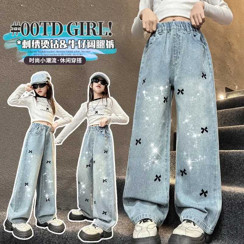 Girls Denim Pants Spring and Autumn 2025 New Kids Hot Drill Bow Jeans Teen Children Straight Leg Loose Wide-leg Pants TrousersT2502320