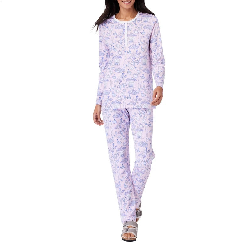 Women Matching 2 Piece Pajama Set Long Sleeve O Neck Button Up T-Shirt Tops Cartoon Animal Pattern Print Pants Female Sleepwear 250319