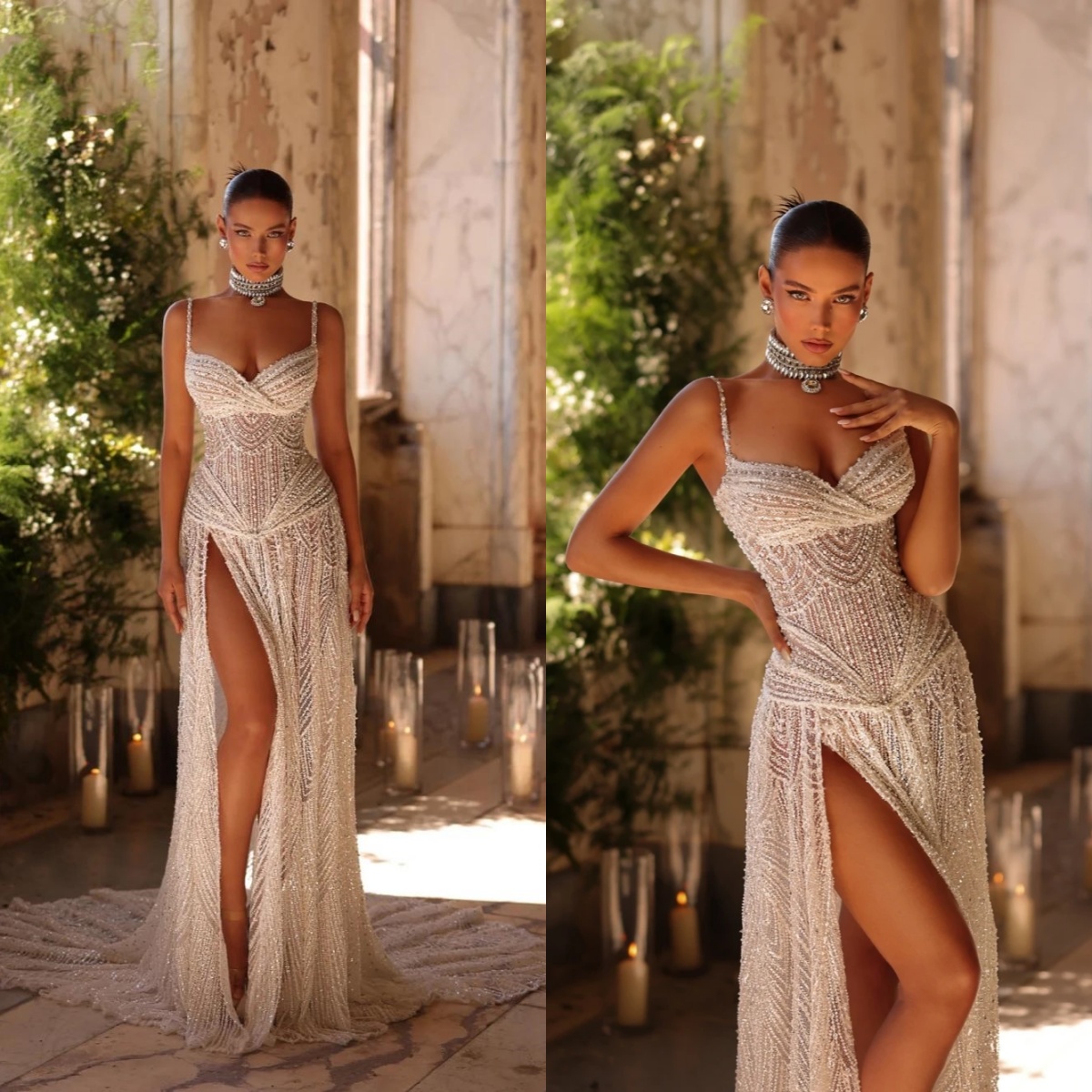 Sexy Evening Dresses For Women Spaghetti Strap Sleeveless Gown Sequins Beaded Split Side Sweep Train Party Customized Dress