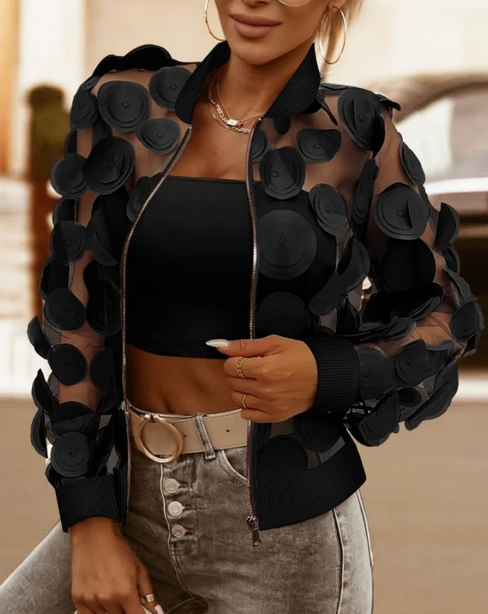 Womens jacket fashionable floral pattern jacquard n transparent mesh baseball collar long sleeved zipper see through casual 250314