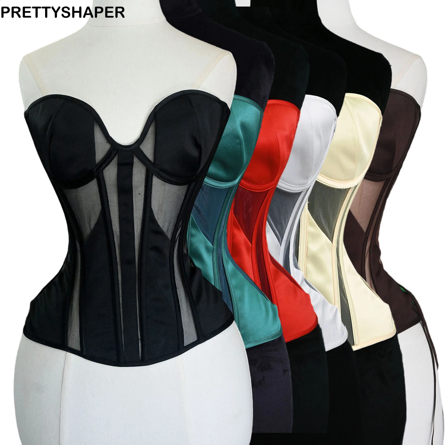 Women Tight Corset Bustier Overbust Cup Transparent Mesh Bodices Wedding Tops Lace Up Steel Boned Shaping Tops Waist Slimmer 250319