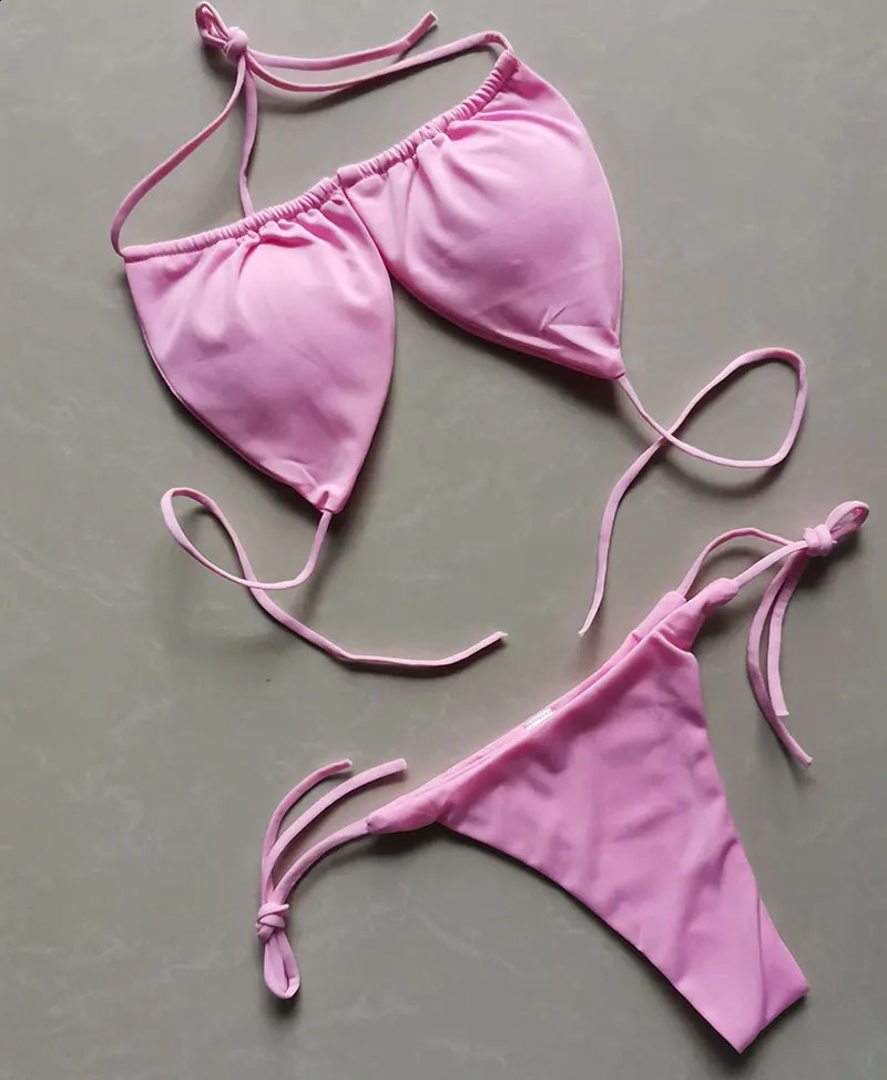 Summer Sexy Bikini set Pushup padded Bra Thong Split Swimwear Female Bandage Bathing Suit Adjustable Lacing Swimsuit Solid 250319