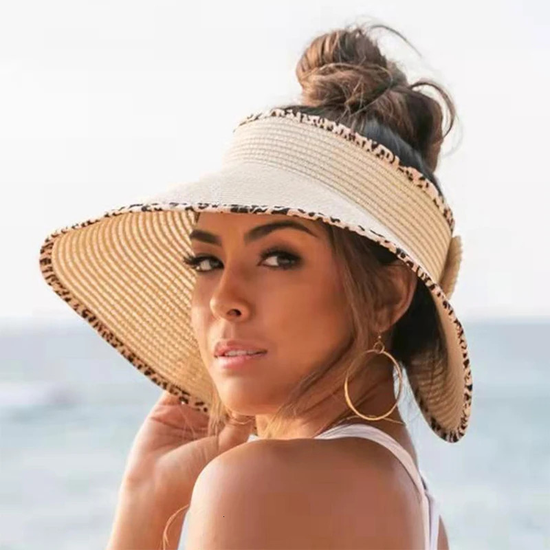 Women Summer Leopard Visors Hat Foldable Wide Large Brim Beachs Hats Outdoor Femme Bow Uv Protection Empty Top Straw Caps 250320
