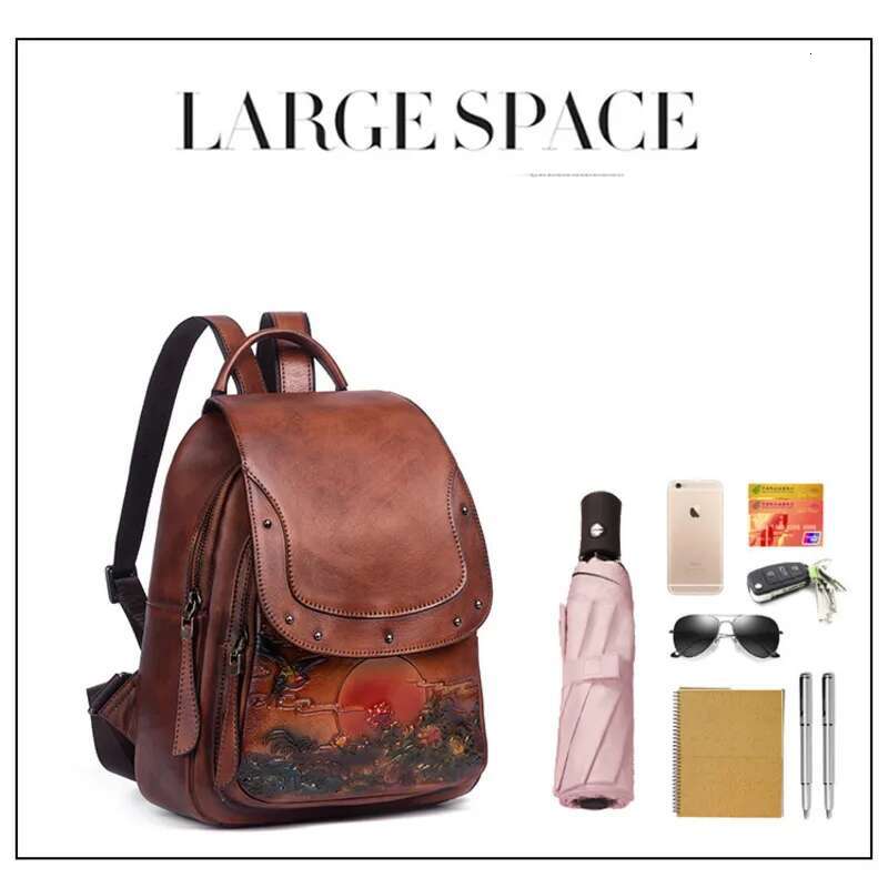 MOTAORA Vintage Emed Women Backpack Genuine Leather Book Bag Soft Cowhide Backpacks For School Teenagers Girls New