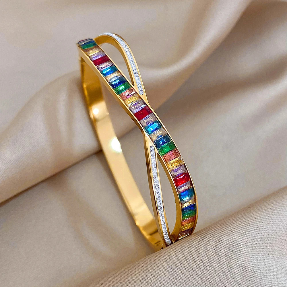 Greatera Exquisite Colorful Cubic Zirconia Rhinestone Intersect Stainless Steel Bangles Bracelets for Women Gold Plated Jewelry 250320