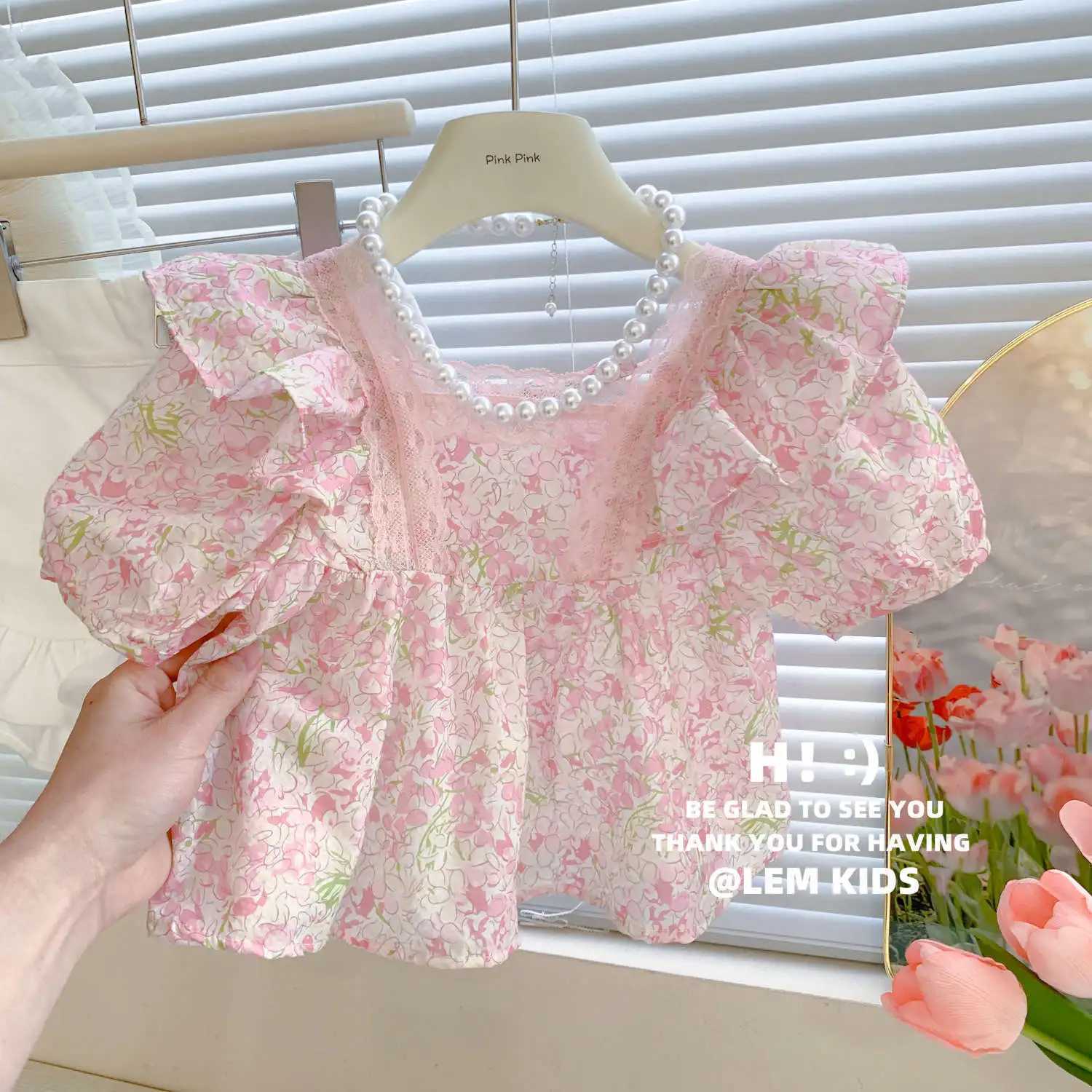 Summer 2023 3-9-year-old girl Korean short sleep top girl baby temperature sweet pink lace shirtT250320