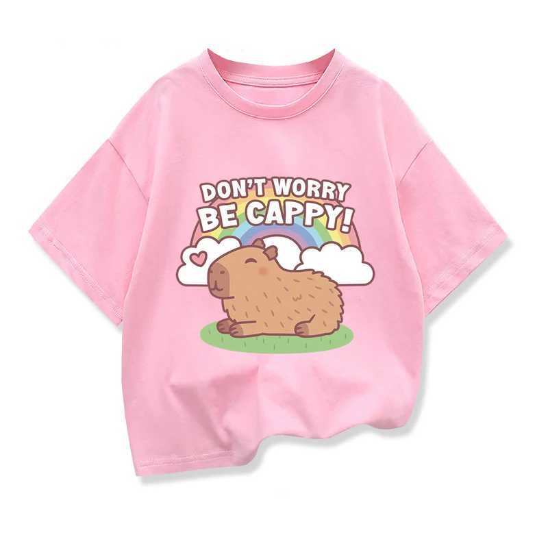 Girls cotton T-shirt Capybara childrens clothing T-shirt summer printed cartoon short sleeved T-shirt childrens basic loose O-neck topT250320