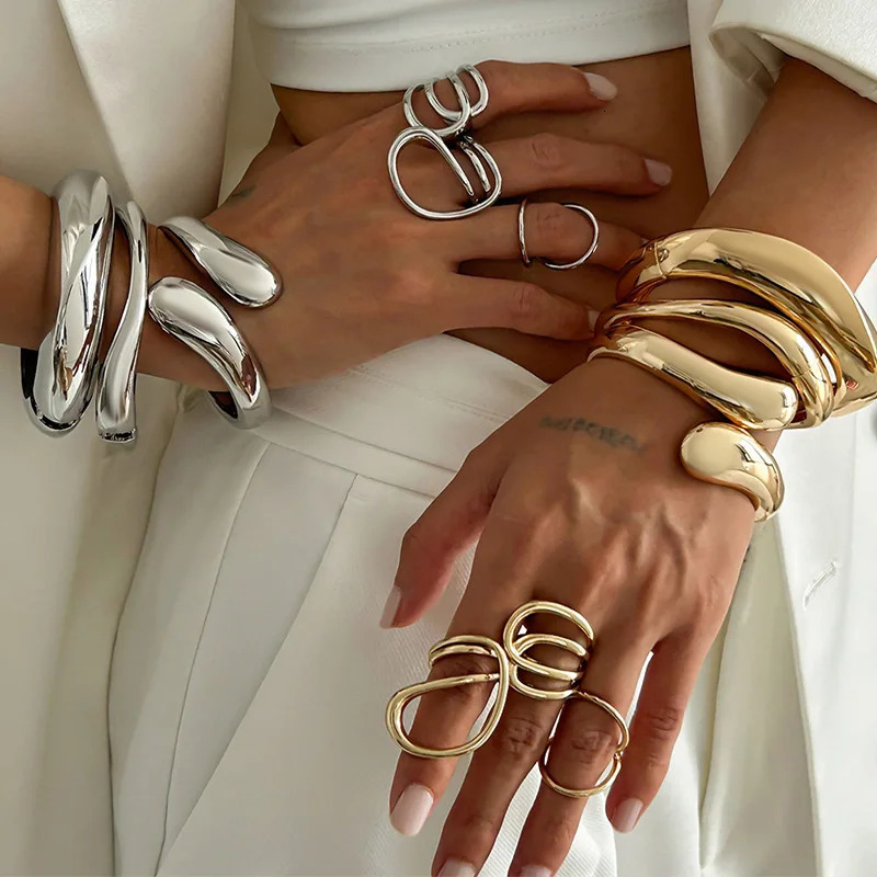 3 Styles Punk Vintage Wide Cuff Bangles Hip Hop Gold Silver Color Geometric Metal Spring Chunky Bangle Women Bracelets Jewelry 250320
