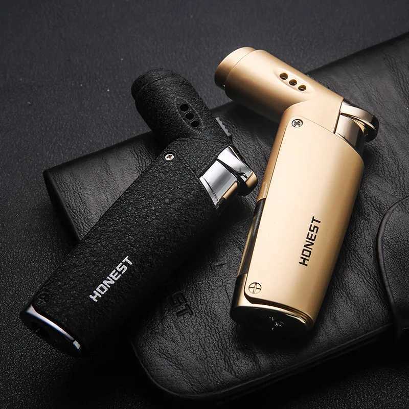 HONEST Fashion Adjustable Double Fire Gas Lighter Windproof Blue Flame Open Fire All-in-one Mini Portable Metal Turbine TorchC250618