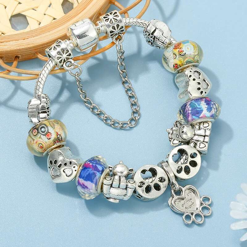 Silver Color Unicorn Beads Charm Bracelet With Dog Paw Pendant Bracelets For Women Men Girls Jewelry Gift Dropshipping Wholesale