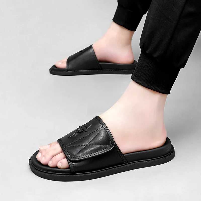 Real leather mens summer slippers outdoor casual shoes indoor slippers luxury brand N-Slip walking beach shoes Y250320