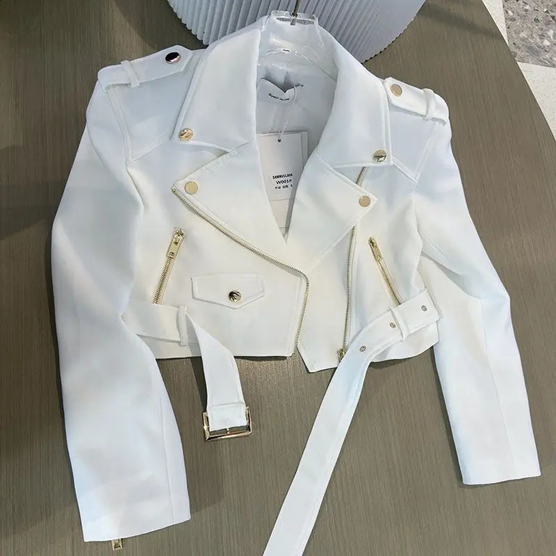 Korean Fashion Hard Zipper Short Sleeve Collar Coat Thin Long Sleeve Motorcycle Jacket Clown Jacket Cowboy Jacket Womens 250317