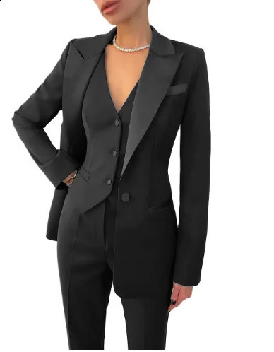 Black womens suit jacket vest pants 3 pieces suitable for office work slim and Burgundy set formal wedding attire 250319