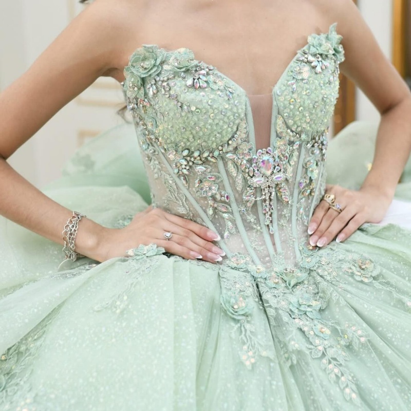 Mint Green Shiny Off Shoulder Quinceanera Dresses Applique Lace Beads Tull Corset Party Birthday Sweet 16 Dress Vestidos 15 De anos