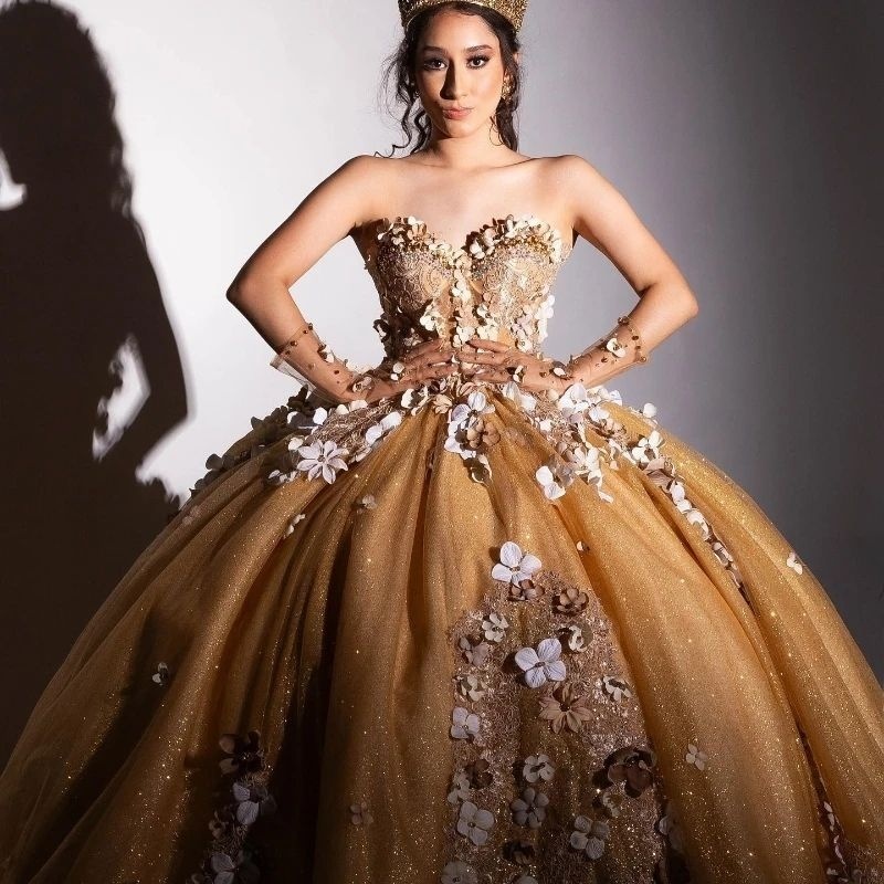 Champagne Shiny Quinceanera Dresses Off Shoulder Appliqued Flower Beads Ball Gown Princess Party Birthday Vestidos De 15 Anos Sweet 16 Dress