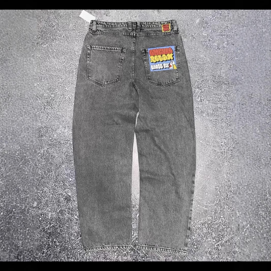 Men's Empire Cowboy Skateboard Solid Black Big Boy Jeans Embroidered Durable Straight Loose Pants