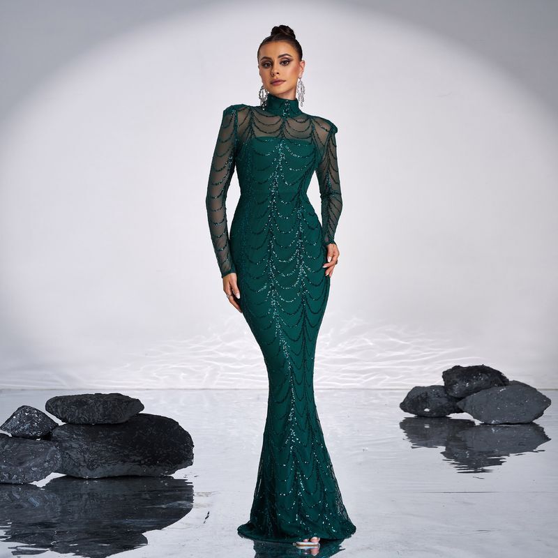 Women's Clothing Sleeved Black Traig Sexy Perspective Striped Sequined Long Evening Dress