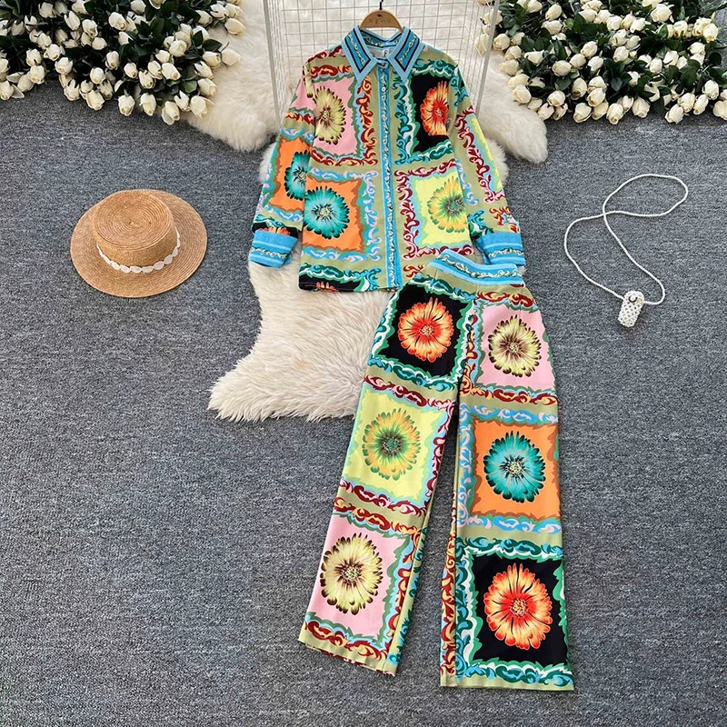 Womens Fashion Print Shirt Top High Waisted Wide Leg Pants Spring Autumn Vintage Long Sleeve 2 Piece Sets A236 250317