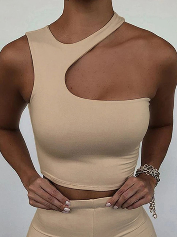 Cut Out sexy cut shoulder solid tight sports short top for womens tank irregular summer tube 250319