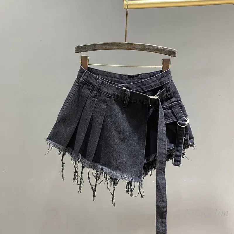 Irregular pink denim tight fitting womens summer high waisted weight loss vacation two-piece A-Line workwear short sleeved mini skirt 2024XJ250320
