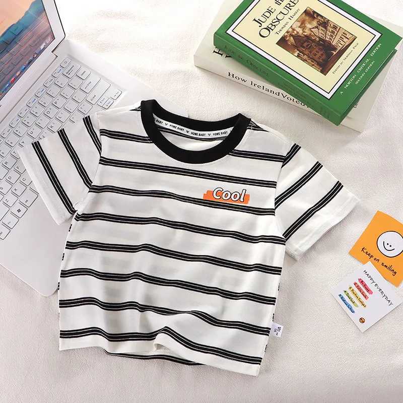 2025 childrens short sleeved boys and girls summer new striped T-shirt baby thin half sleeved bottom shirt casual wearT250320