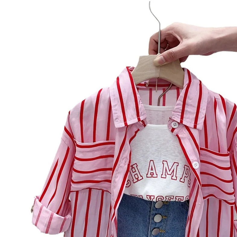 summer childrens and girls striped long sleeved shirtletter vestjeans denim shorts 3piece clothing set 250319