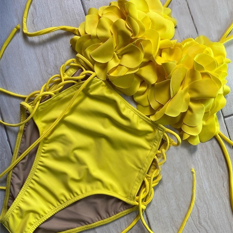 Summer Sexy Petal Push Up Backless Bikini Set Women Fashion Flower Ruffles Lady Solid Beachwear Bathing Suit w250313