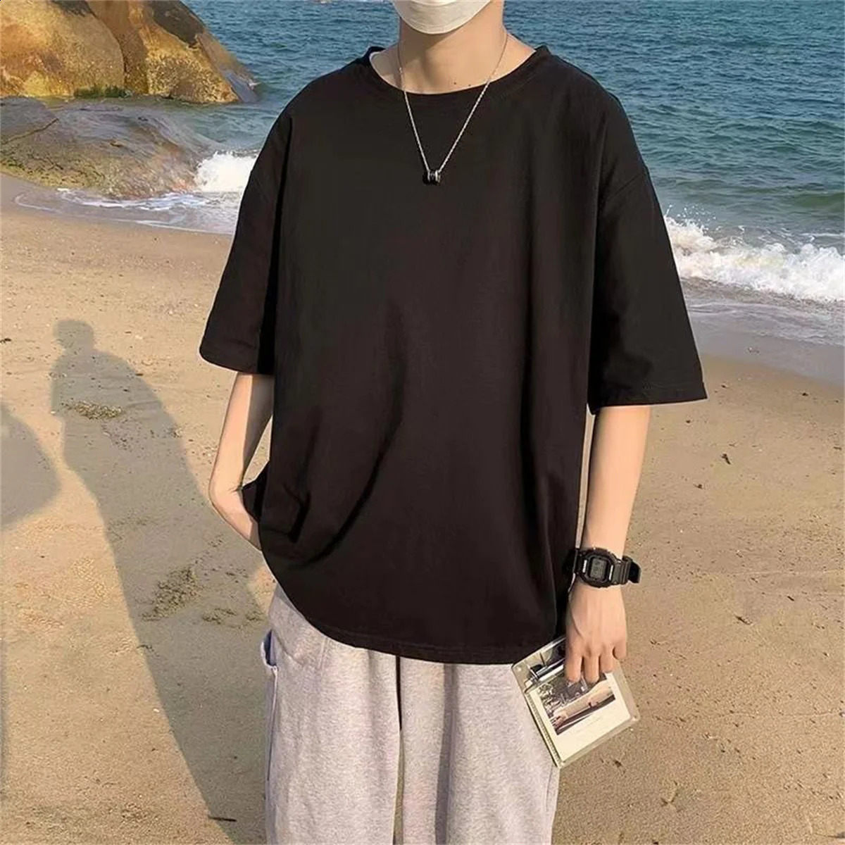 Fashionable solid polyester mens basic Tshirt casual oversized top highquality unisex short 250312