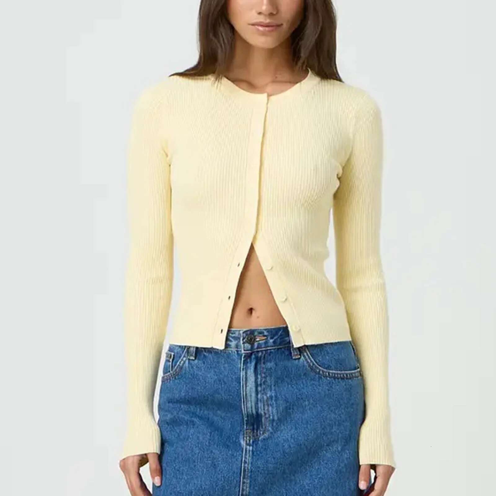 Women Autumn Winter Cardigan Long Sleeve Round Neck Button Up Ribbed Knitwear Slim Sweater