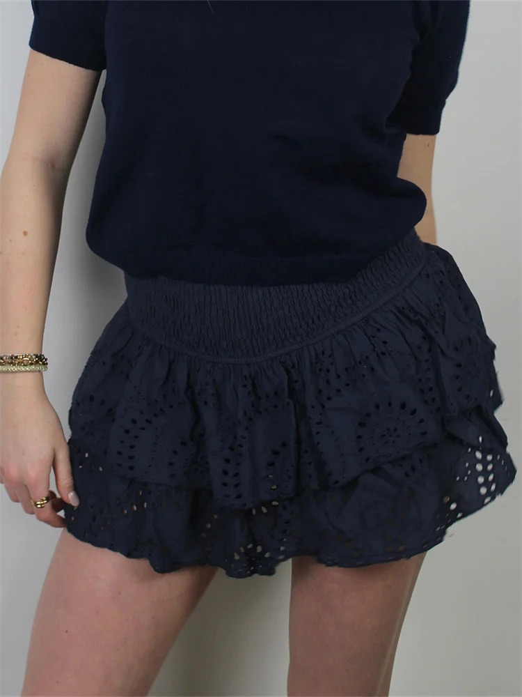 CHRONSTYLE Women Lace Short Mini Skirts Elastic High Waist Layered Ruffles Hollow Out Skirts Summer Party Club Streetwear 250320