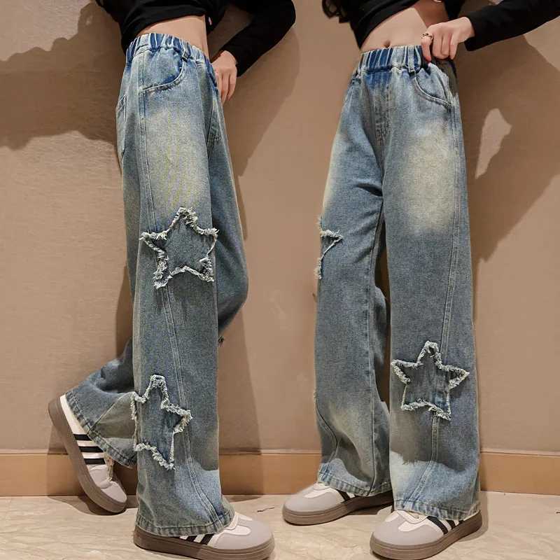 Spring Autumn Teenager Girls Wide Leg Jeans Children Trousers 2024 New Fashion Star Pattern Girls Denim Pants 5-14Y Kids ClothesT250326