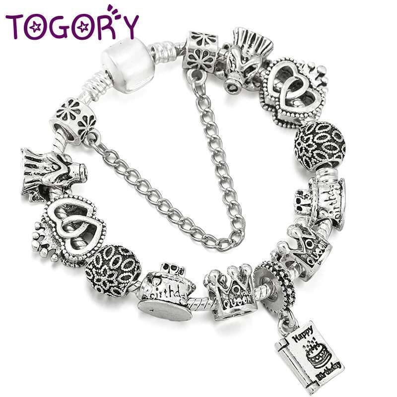 Silver Color Birthday Cake Pendant Charm Bracelet With Heart To Heart Beads Bracelets For WomenGirls Jewelry Gift Dropshipping