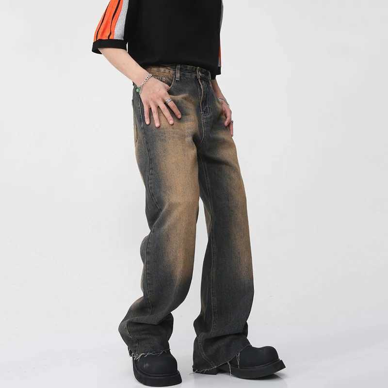IEFB Retro Mens Burr Jeans Summer New Gradient Straight Denim Pants Street Mens Casual Wide Legs Trousers 9W460T250319