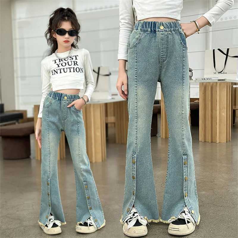 Girls 2024 new jeans childrens spring staple button slit flare pants 6-15 years oldT250326