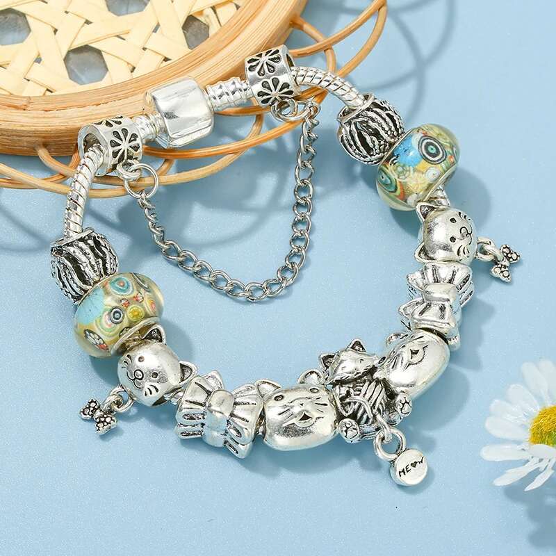 Silver Color Alloy Lovely Cat Beads Charm Bracelet With Animal Pendant Bracelets For Women Men Girls Jewelry Gift Dropshipping