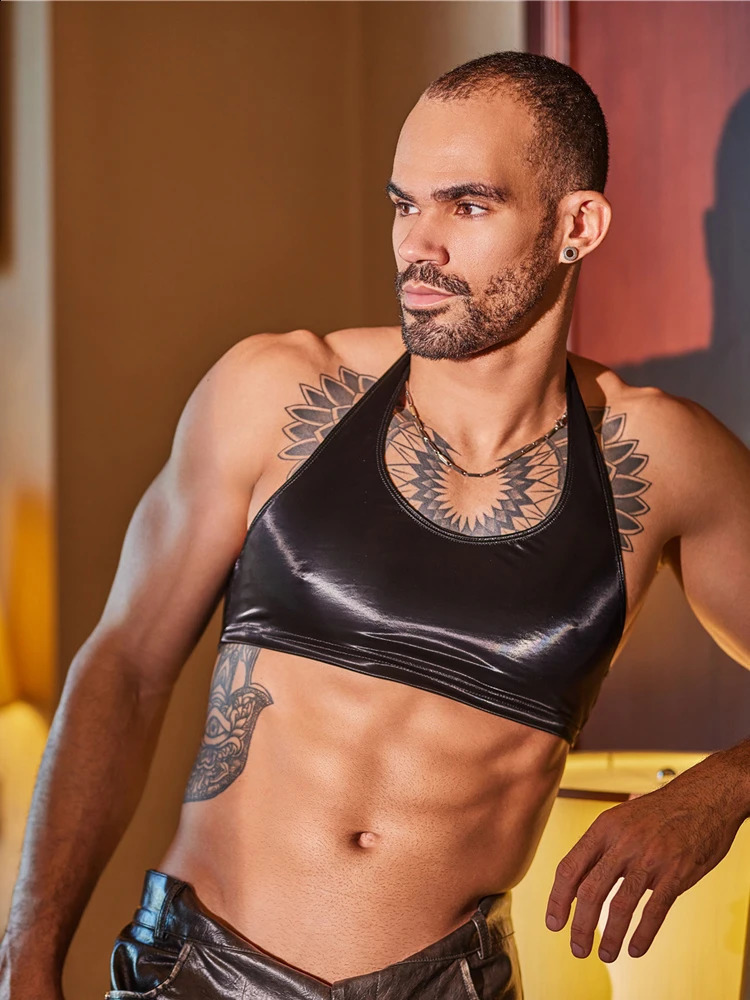 Sexy mens oil gloss short vest thin PU strap fashionable high elasticity sleeveless dance dress 250319