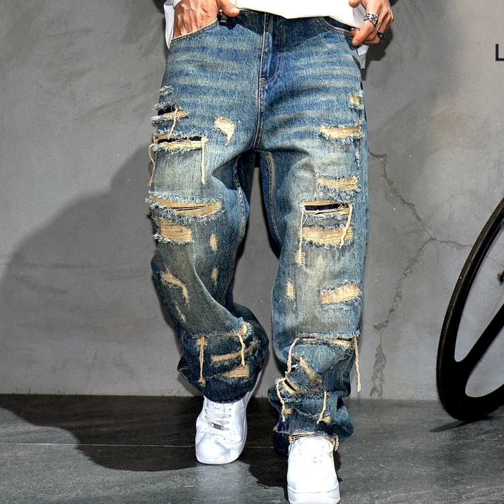 Mens Ripped Baggy Jeans Distressed Denim Streetwear Skateboard Pants Straight Leg Patchwork Oversized Urban Fashion WorkwearT250319