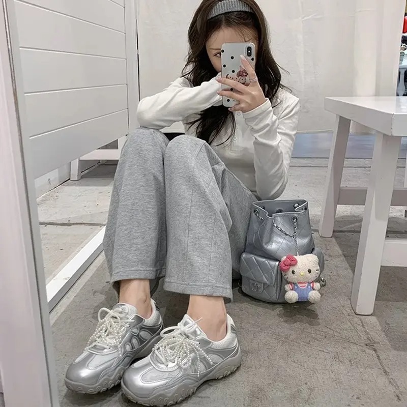 2025 New Roude Training Women's Thick Bottom Lace Pearl Casual Versatile Designer Fashion Sports Shoes