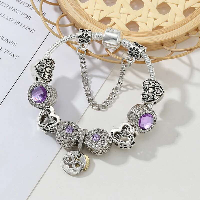 Tibetan Silver Color Gigantic Beads Bracelet Purple Crystal Charm Bracelet & Bangle For Women Mom Pulseras Jewelry Dropshipping