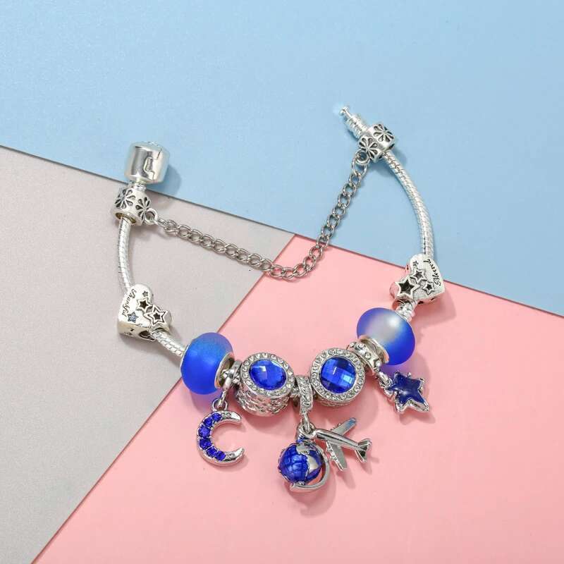 Blue Style High-Quality Charms Bracelets For Women With Snake Chain Globe Aircraft Charms Beads Pendants Jewelry Dropshipping