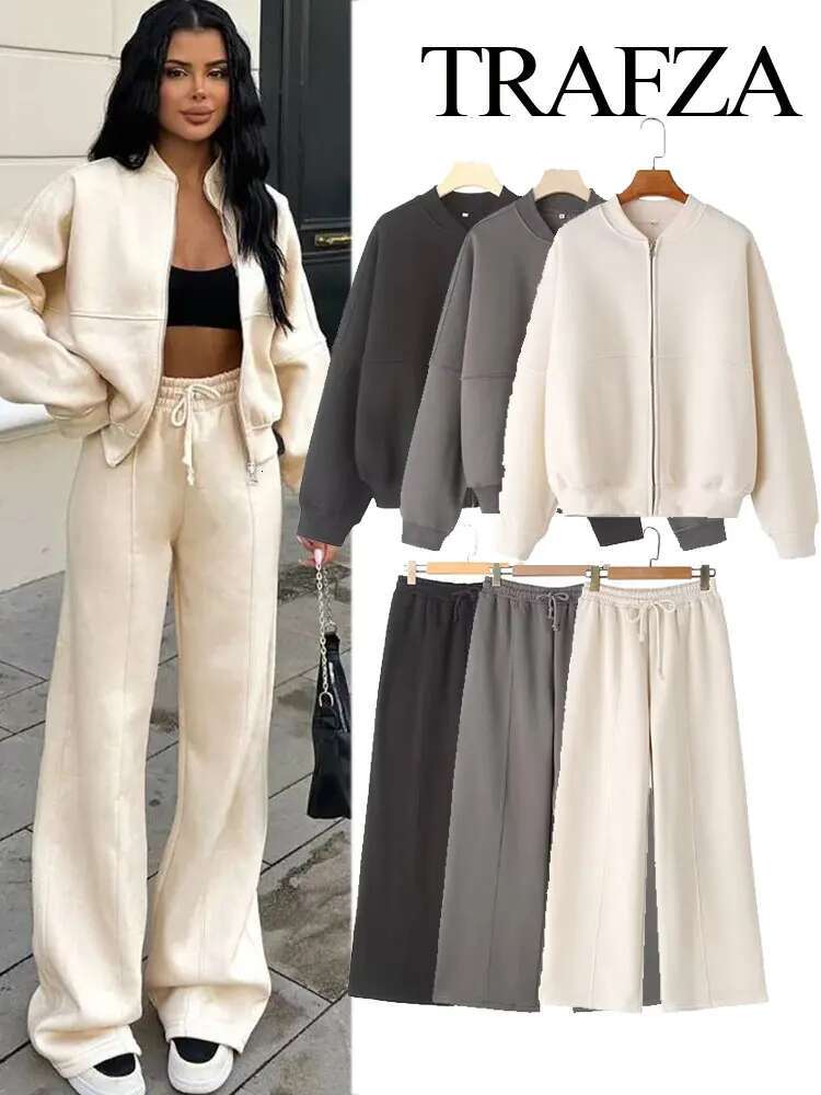 TRAFZA 2-Piece Retro Solid Color Zipper Bomber Jacket Sweatshirt + High-Waisted Lace-Up Women's Loose Veet Pants Suit