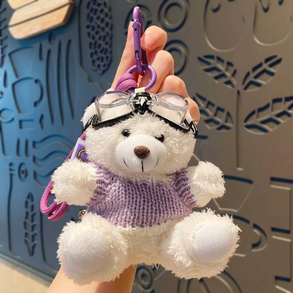 Kawaii Goggles Pilot Bear keychain Bell pearl plush bear keychain heart-shaped pink stuffed animal pendant femaleXJ250319