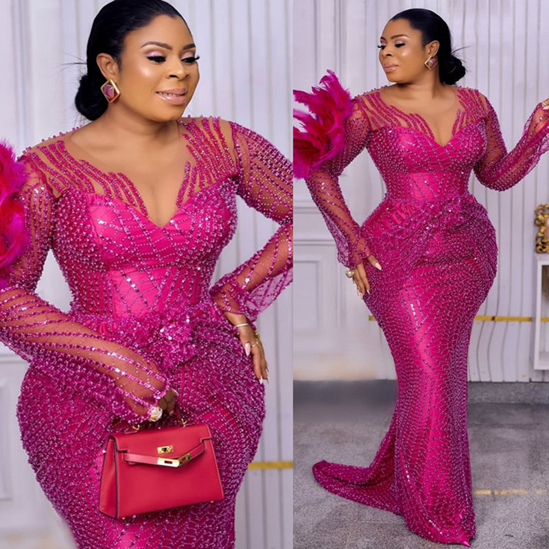 Plus Size Fuchsia Prom Dresses 2025 Mermaid Prom Dress For Special Occasions Sheer Neck Long Sleeves Feather Beaded Lace Birthday Second Reception Gow