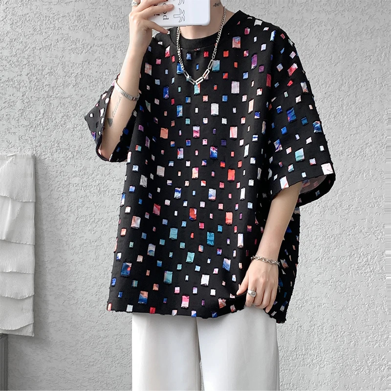 Summer cotton short sleeved Tshirt mens colorful checkered streetwear Korean loose hollow plus size 5XL 250318